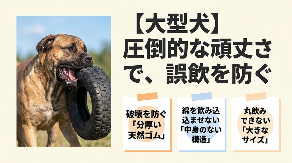 大型犬向けおもちゃ選びのポイント。圧倒的な頑丈さで誤飲を防ぐ。分厚い天然ゴム、中身のない構造、丸飲みできない大きなサイズが重要。