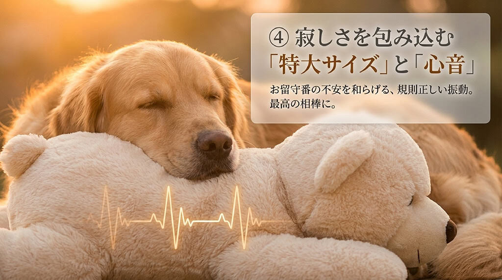 お留守番の不安を和らげる、特大サイズと心音が鳴る犬用ぬいぐるみ