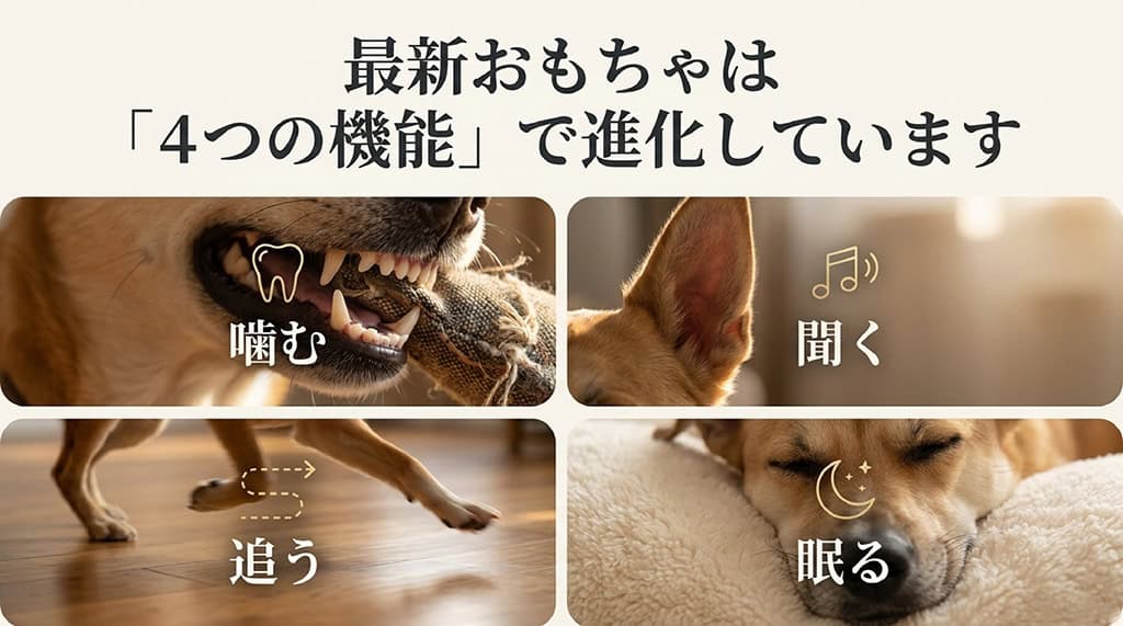 最新の犬用おもちゃが進化した4つの機能である噛む、追う、聞く、眠るの解説