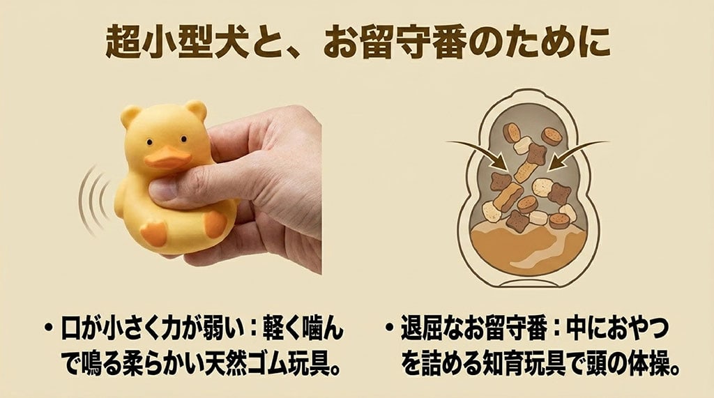 軽く噛んで鳴る柔らかいアヒルの天然ゴム玩具と、中におやつを詰めて頭の体操ができる知育玩具の構造イラストを並べたスライド