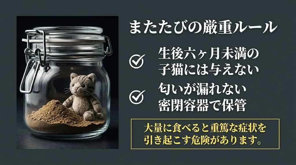 ガラス瓶に入ったまたたびとぬいぐるみ。子猫への使用禁止や密閉容器での保管ルールを説明するスライド