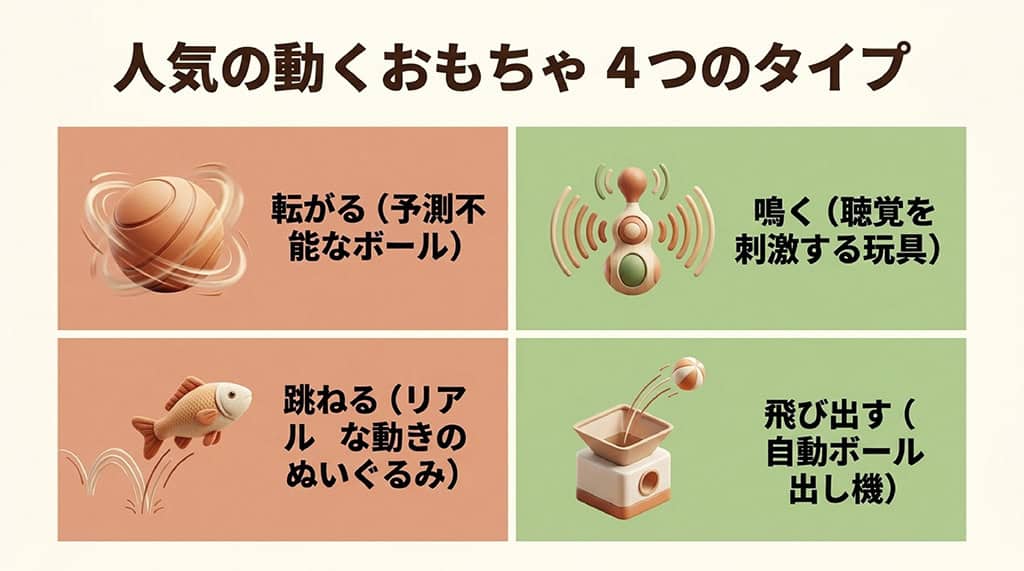 動く犬用おもちゃの4つのタイプ（転がるボール、鳴く玩具、跳ねるぬいぐるみ、飛び出す自動ボール出し機）をアイコンと共に紹介するスライド。