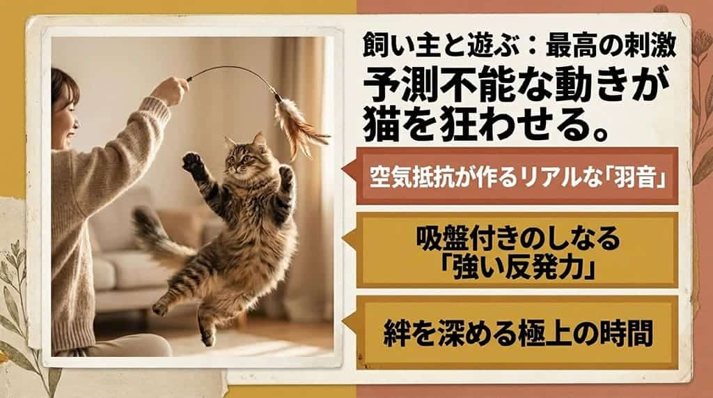 飼い主が猫じゃらしで猫と遊んでいる写真と共に「予測不能な動きが猫を狂わせる。空気抵抗が作るリアルな『羽音』、吸盤付きのしなる『強い反発力』。絆を深める極上の時間」と書かれたスライド。