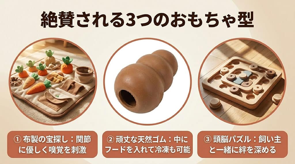 布製の宝探し(にんじん畑)、頑丈な天然ゴム(コング)、頭脳パズル(ニーナ・オットソン)という、世界中で絶賛される3つの知育おもちゃの写真をまとめたスライド。