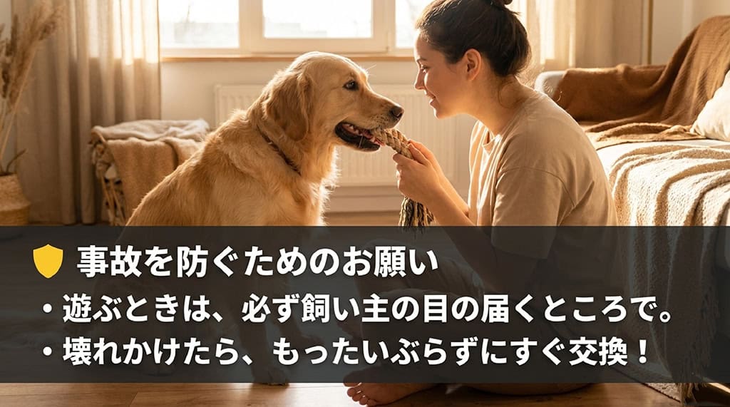誤飲などの事故を防ぐため、飼い主の目の届くところで遊ばせること、壊れかけたらすぐに交換することを呼びかけるスライド。