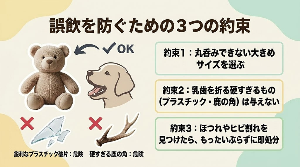 子犬の誤飲事故を防ぐための3つの約束（丸呑みできないサイズ、硬すぎるものは与えない、破損したら即処分）をイラスト付きで解説したスライド。