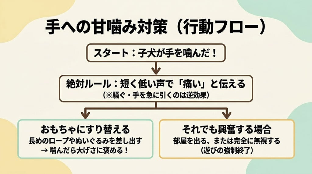 子犬が手を噛んだときの絶対ルール（低い声で痛いと伝える）から、おもちゃへのすり替え、興奮時のタイムアウト（無視・退室）までのしつけ手順をまとめたフローチャート形式のスライド。