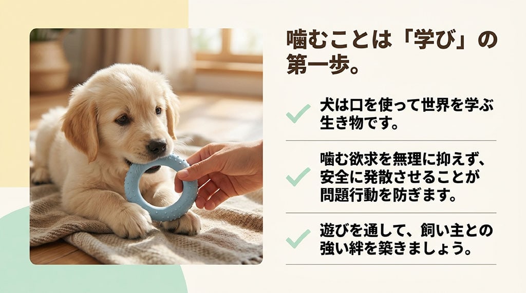 子犬が青いリング型のおもちゃを噛んでいる様子。「噛むことは学びの第一歩」であり、欲求を発散させることが問題行動防止に繋がることを説明するスライド。