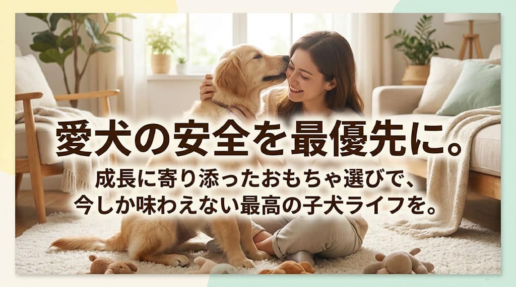 「愛犬の安全を最優先に。成長に寄り添ったおもちゃ選びで最高の子犬ライフを」というメッセージで締めくくる、記事全体のまとめスライド。