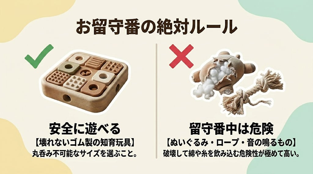 お留守番中に安全に遊べるおもちゃ（壊れないゴム製の知育玩具）と、留守番中は危険なおもちゃ（ぬいぐるみ・ロープ・音の鳴るもの）を比較して解説したスライド。