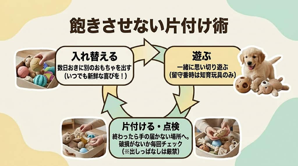 おもちゃを飽きさせないために「数日おきに入れ替える」「一緒に遊ぶ」「終わったら片付けて破損を点検する」というサイクルを解説したスライド。