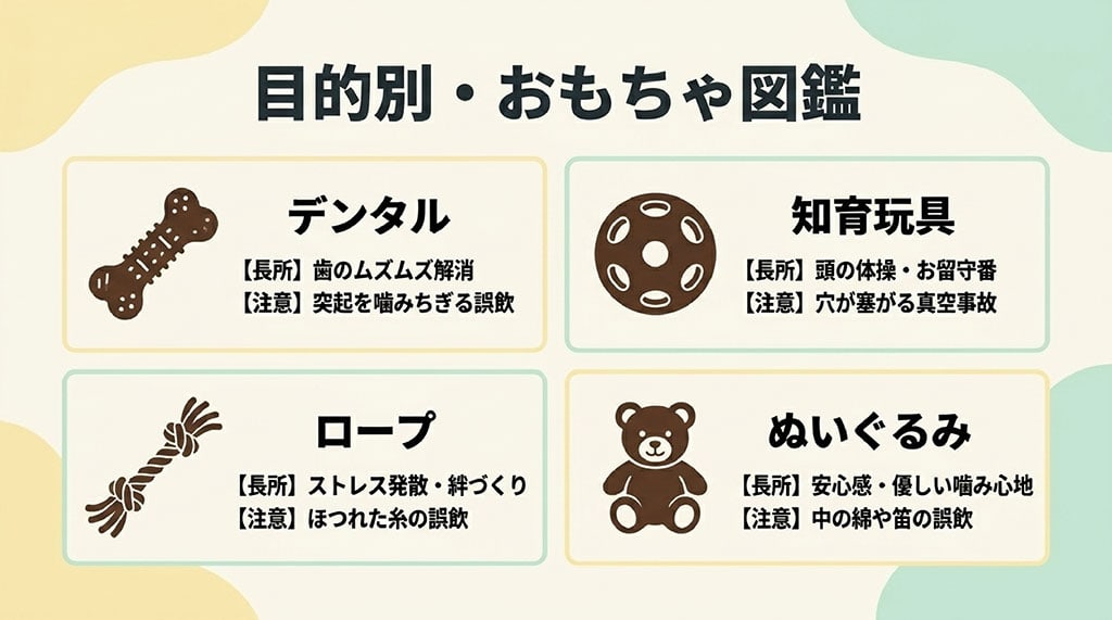 デンタルおもちゃ、知育玩具、ロープ、ぬいぐるみの4つのタイプについて、それぞれの長所と誤飲などの注意すべきリスクをまとめた図鑑風のスライド。