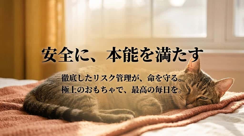 「安全に、本能を満たす。徹底したリスク管理が、命を守る。極上のおもちゃで、最高の毎日を」と書かれたまとめスライド。