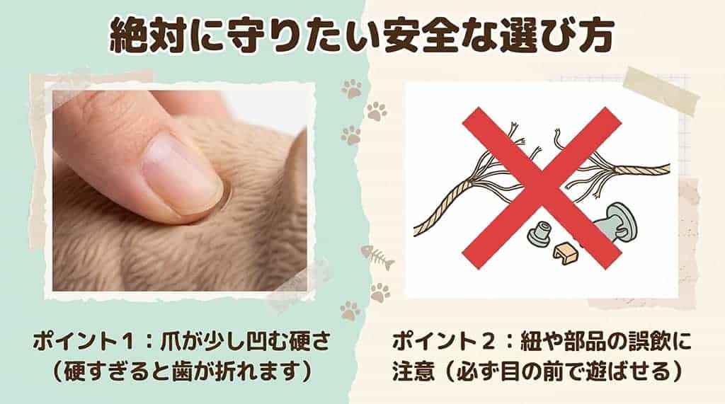 人の爪でおもちゃを押している写真と、バツ印がついたほつれた紐のイラスト。「絶対に守りたい安全な選び方。ポイント1:爪が少し凹む硬さ、ポイント2:紐や部品の誤飲に注意」というテキスト解説
