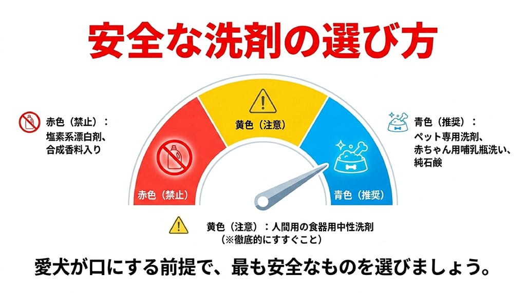 安全な洗剤の選び方メーター。赤色(禁止)は塩素系漂白剤や合成香料入り。黄色(注意)は人間用の食器用中性洗剤で徹底的なすすぎが必要。青色(推奨)はペット専用洗剤や赤ちゃん用哺乳瓶洗い、純石鹸。