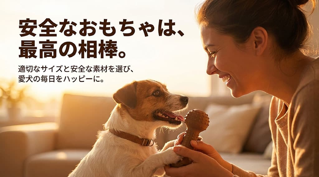 適切なサイズと安全な素材を選び、愛犬の毎日をハッピーにすることを伝える、まとめのメッセージスライド