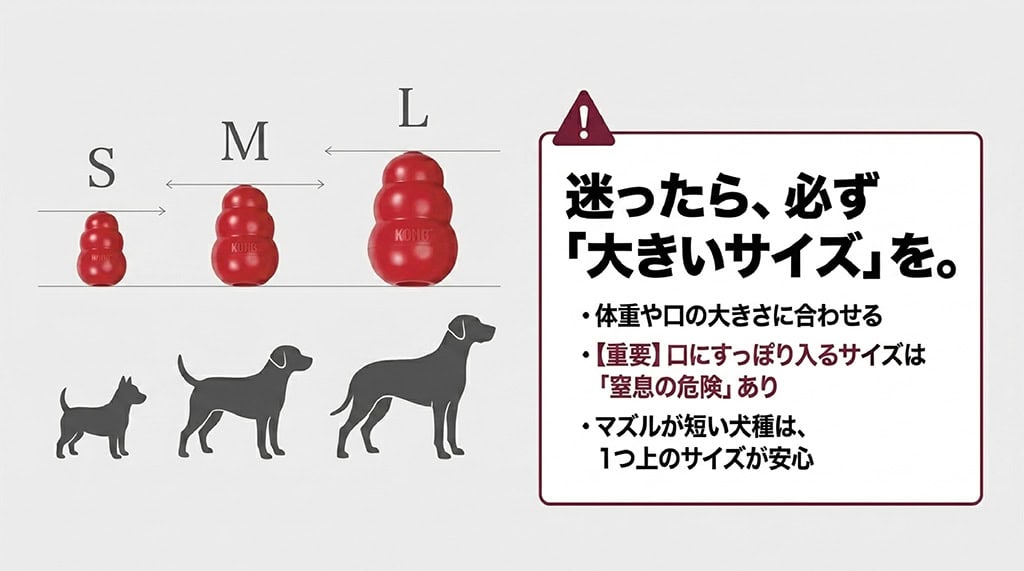 コングのサイズ選びを解説するスライド。S、M、Lのサイズ比較と犬の大きさのイラスト。口にすっぽり入るサイズは窒息の危険があるため、迷ったら大きいサイズを選ぶよう注意喚起。