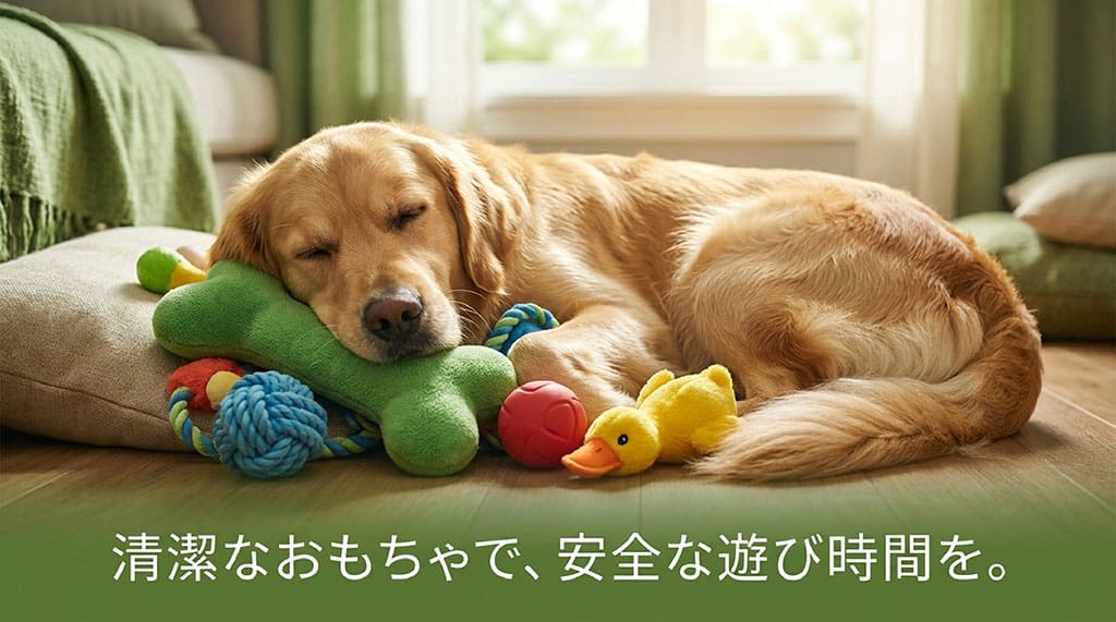 おもちゃに囲まれて安心して眠るゴールデンレトリバー。清潔なおもちゃで、安全な遊び時間を。