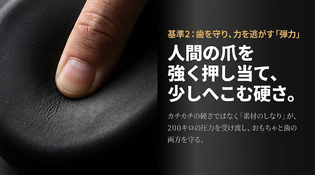 基準2：歯を守り、力を逃がす「弾力」。人間の爪を強く押し当てて、少しへこむ硬さが目安です。カチカチの硬さではなく素材のしなりが、200キロの圧力を受け流し、おもちゃと歯の両方を守ります。