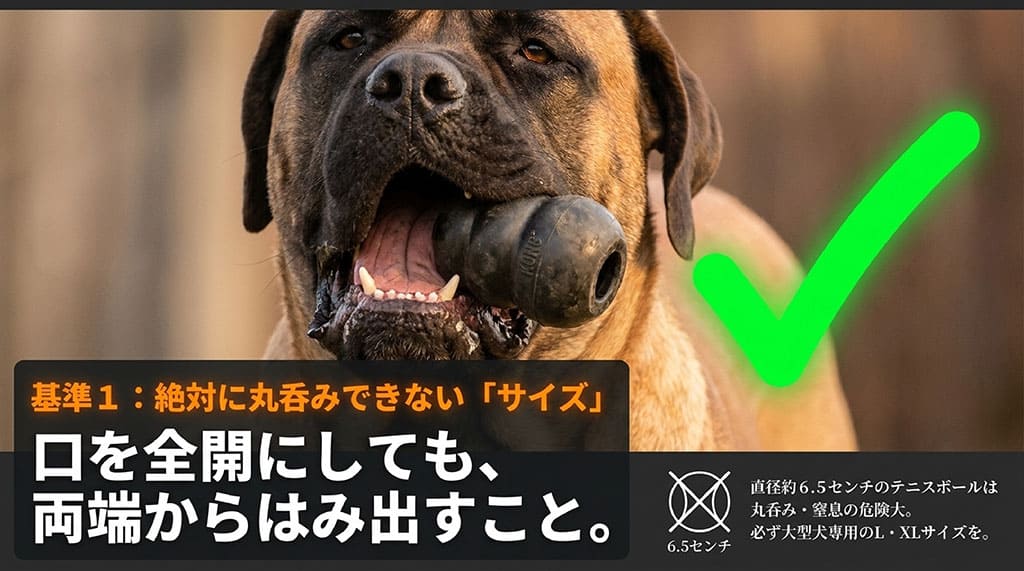 基準1：絶対に丸呑みできない「サイズ」。口を全開にしても、両端からはみ出すものを選びましょう。直径約6.5センチのテニスボールは丸呑み・窒息の危険が大きいため、必ず大型犬専用のL・XLサイズを。