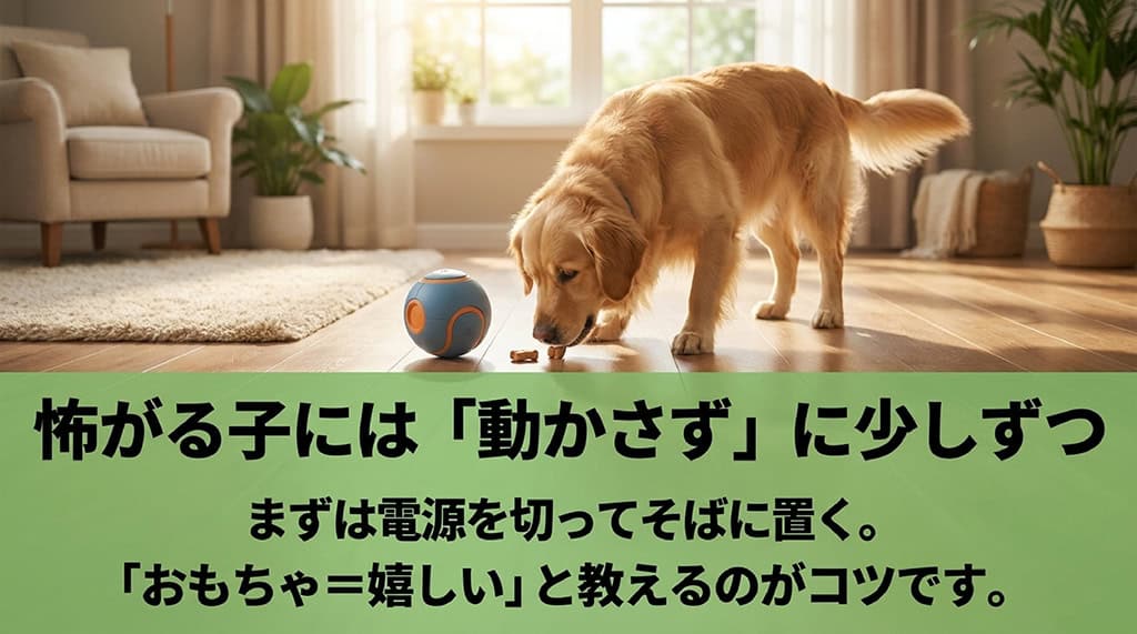 「まずは電源を切ってそばに置く。『おもちゃ＝嬉しい』と教えるのがコツです。」と、怖がる犬におもちゃを慣れさせるステップを解説するスライド。