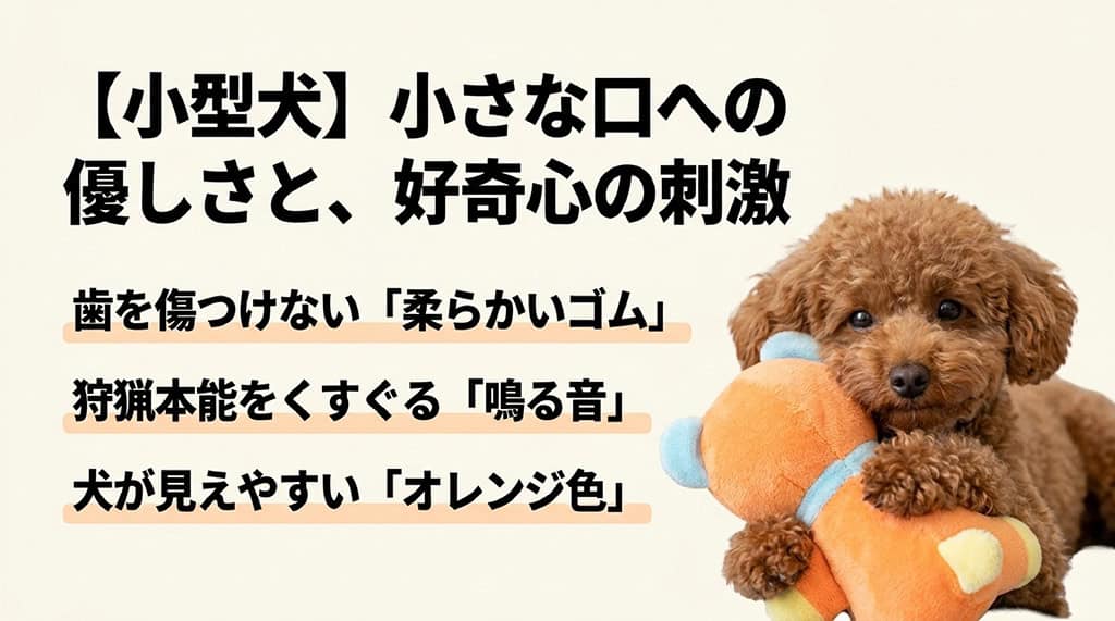 小型犬向けおもちゃ選びのポイント。小さな口への優しさと好奇心の刺激。歯を傷つけない柔らかいゴム、狩猟本能をくすぐる鳴る音、見えやすいオレンジ色が特徴。