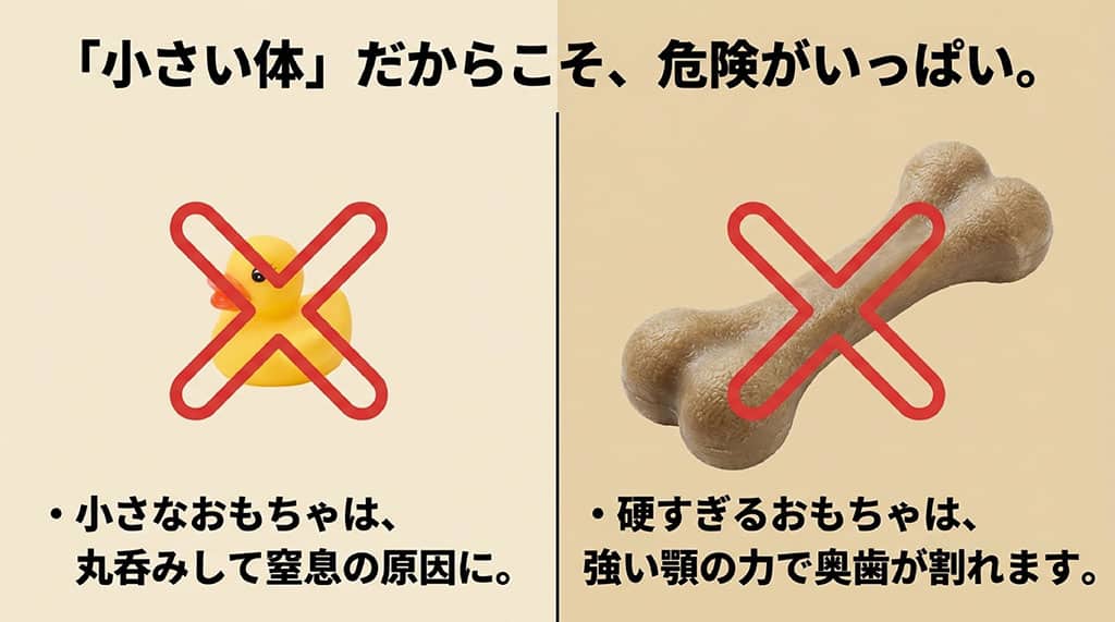 小さなおもちゃは丸呑みして窒息の原因になり、硬すぎるおもちゃは強い顎の力で奥歯が割れる危険性を説明するスライド