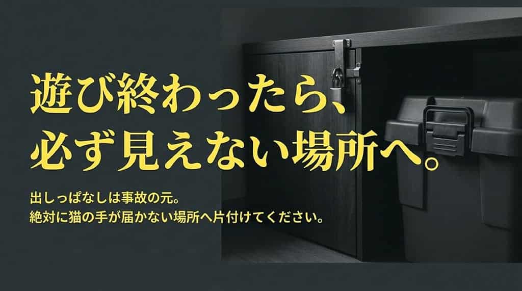 おもちゃの出しっぱなしによる事故を防ぐため、猫の手が届かない見えない場所へ片付けることを促すスライド