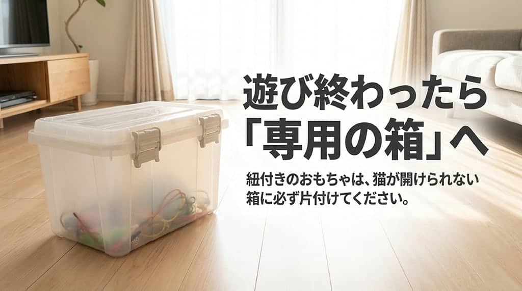 紐付きのおもちゃは猫が開けられない専用の箱に必ず片付けることを推奨するスライド