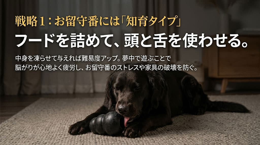 戦略1：お留守番には「知育タイプ」。フードを詰めて、頭と舌を使わせます。中身を凍らせて与えれば難易度がアップし、夢中で遊ぶことで脳が心地よく疲労し、お留守番のストレスや家具の破壊を防ぎます。