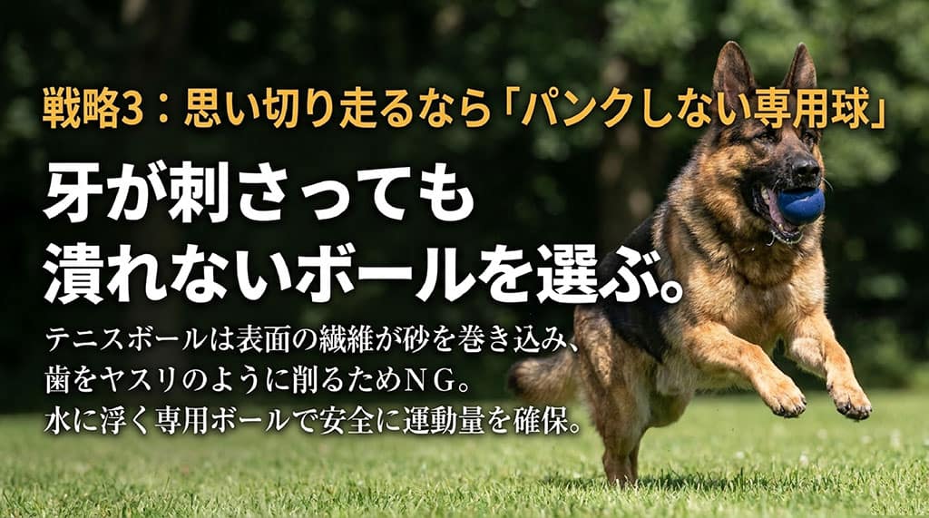 戦略3：思い切り走るなら「パンクしない専用球」。牙が刺さっても潰れないボールを選びます。テニスボールは歯をヤスリのように削るためNG。水に浮く専用ボールで安全に運動量を確保しましょう。