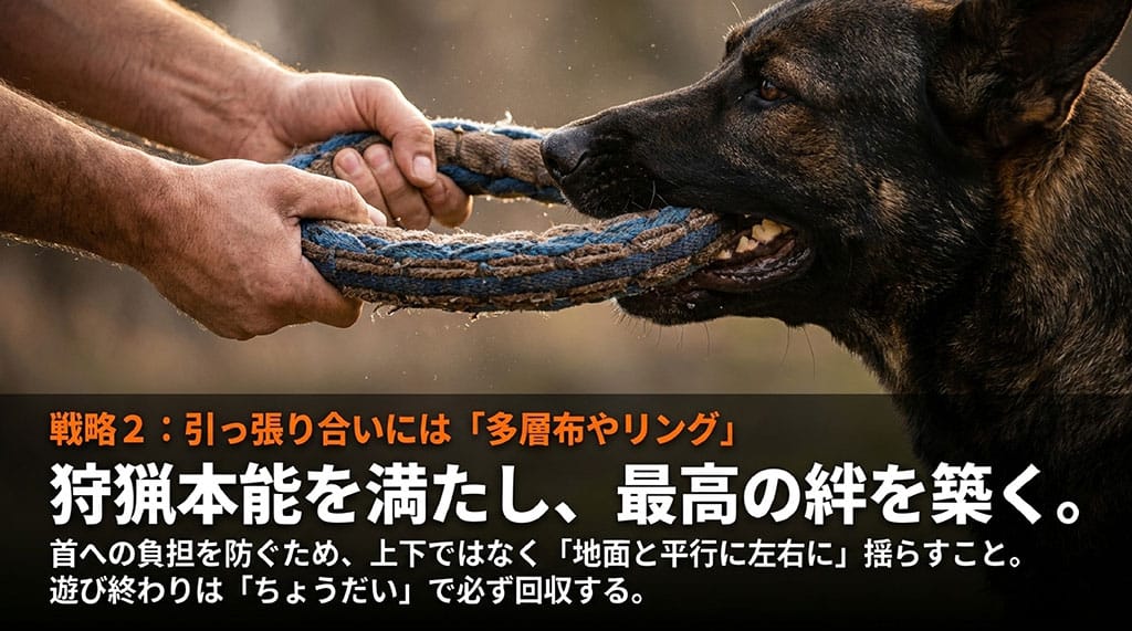 戦略2：引っ張り合いには「多層布やリング」。狩猟本能を満たし、最高の絆を築きます。首への負担を防ぐため、地面と平行に左右に揺らし、遊び終わりは「ちょうだい」で必ず回収しましょう。