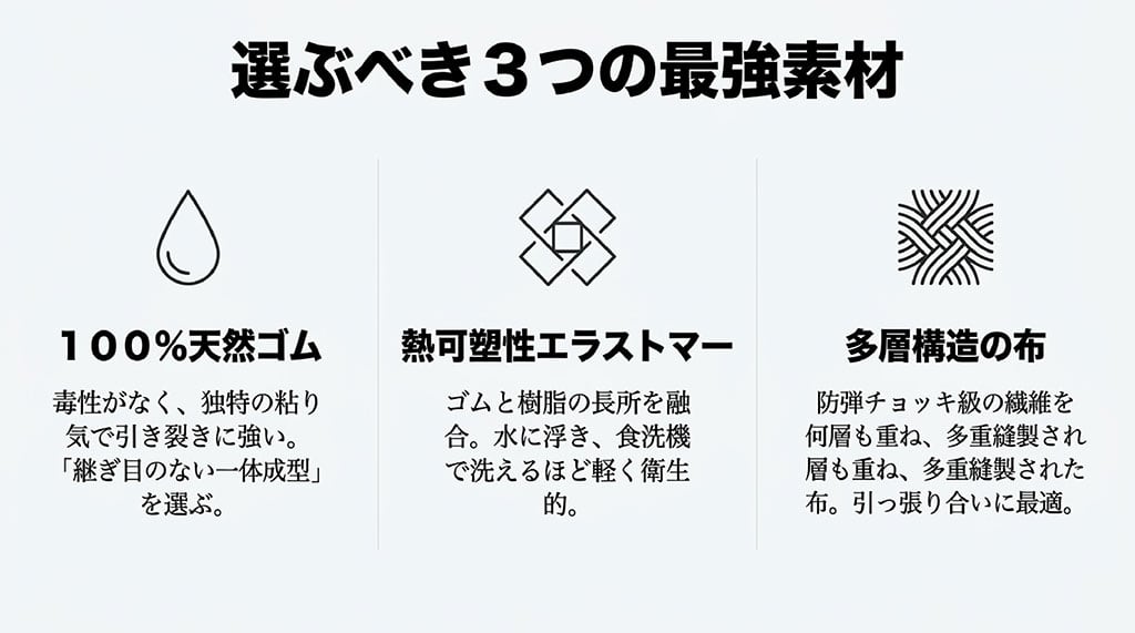 選ぶべき3つの最強素材：毒性がなく引き裂きに強い「100%天然ゴム」、水に浮き衛生的な「熱可塑性エラストマー」、防弾チョッキ級の繊維を重ねた「多層構造の布」。