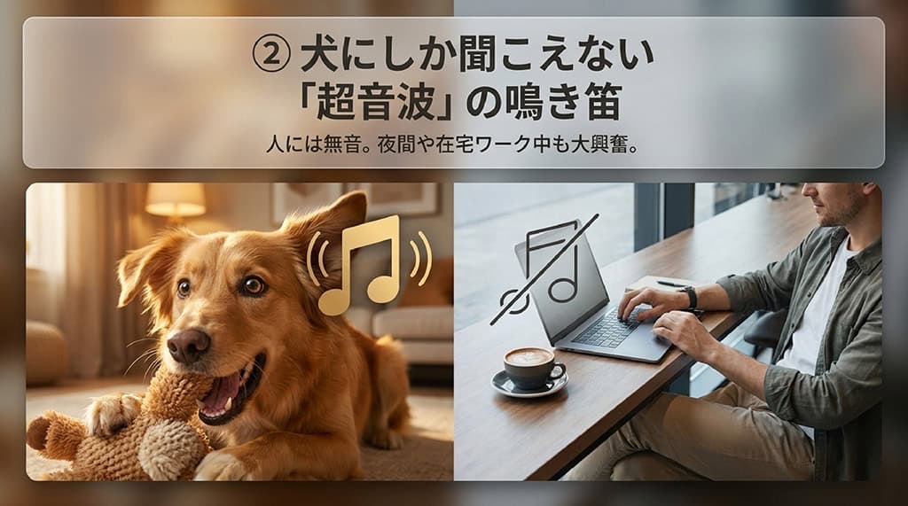 人には無音で犬にしか聞こえない超音波の鳴き笛が入った犬用おもちゃ
