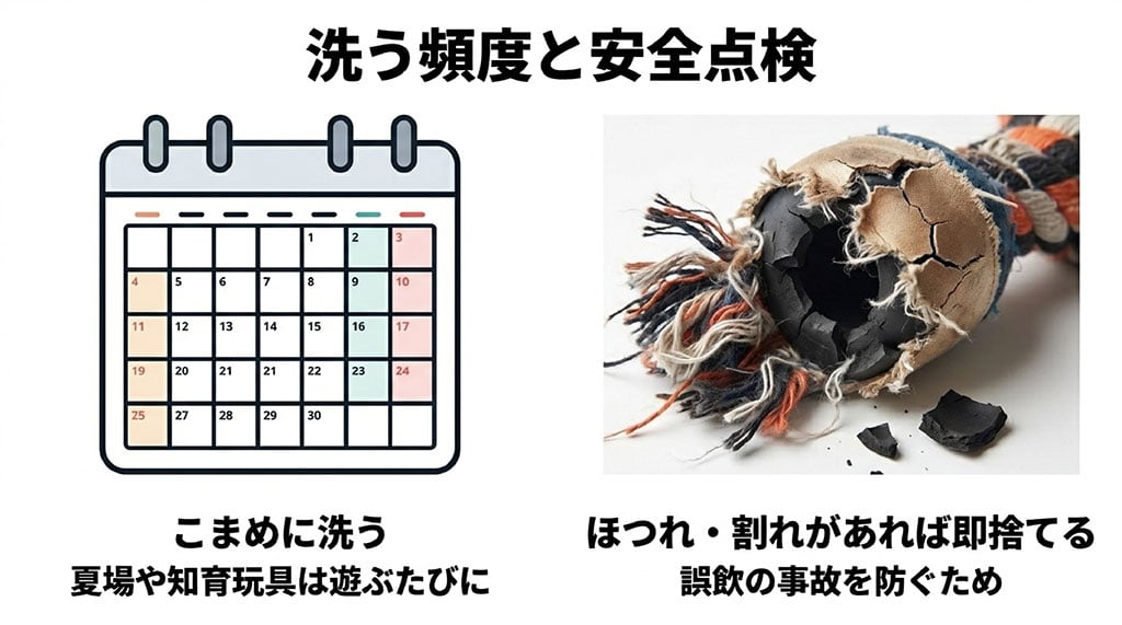 洗う頻度と安全点検。夏場や知育玩具は遊ぶたびにこまめに洗う。誤飲の事故を防ぐため、ほつれや割れがあれば即捨てる。