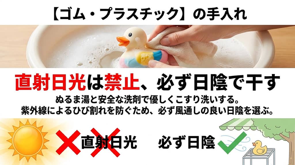 ゴム・プラスチックの手入れ。ぬるま湯と安全な洗剤で優しくこすり洗いする。紫外線によるひび割れを防ぐため直射日光は禁止し、必ず風通しの良い日陰で干す。
