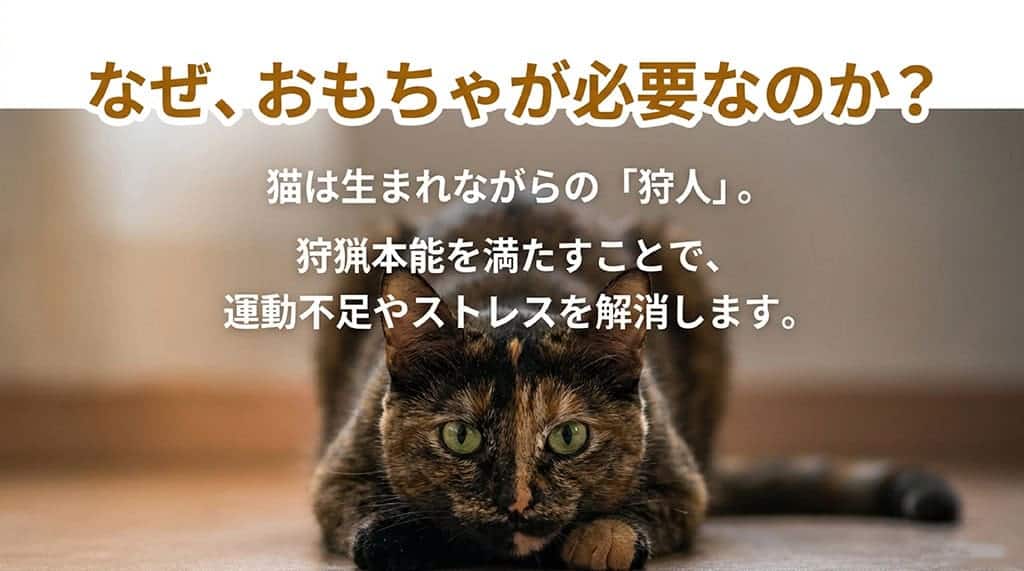 「愛猫が夢中になる！おもちゃ選びと遊び方の極意」というタイトルと、「なぜ、おもちゃが必要なのか？猫は生まれながらの『狩人』。狩猟本能を満たすことで、運動不足やストレスを解消します。」と書かれたスライド画像。