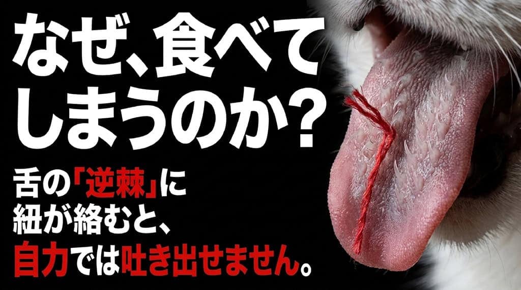 猫の舌にある逆棘(ザラザラ)に紐が絡むと自力で吐き出せなくなる仕組みを解説するスライド
