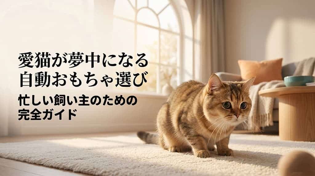 「愛猫が夢中になる自動おもちゃ選び 忙しい飼い主のための完全ガイド」と書かれた、猫のイラスト入りアイキャッチスライド。