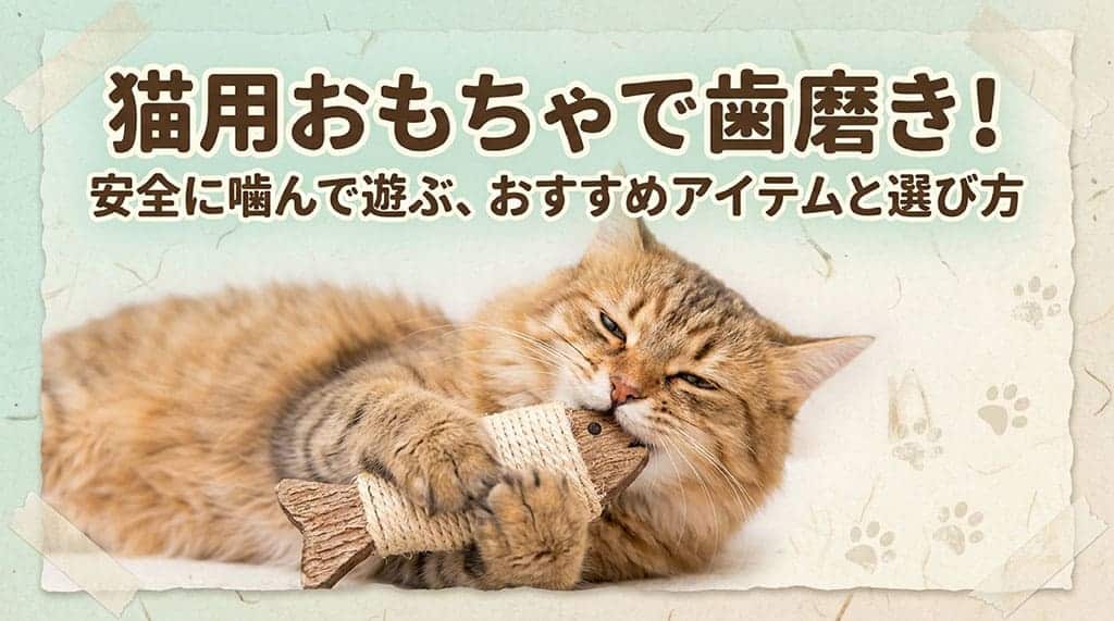 歯ブラシを前にして困った表情をする猫のイラストと、記事タイトル「猫用おもちゃで歯磨き！安全に噛んで遊ぶ、おすすめアイテムと選び方」の文字