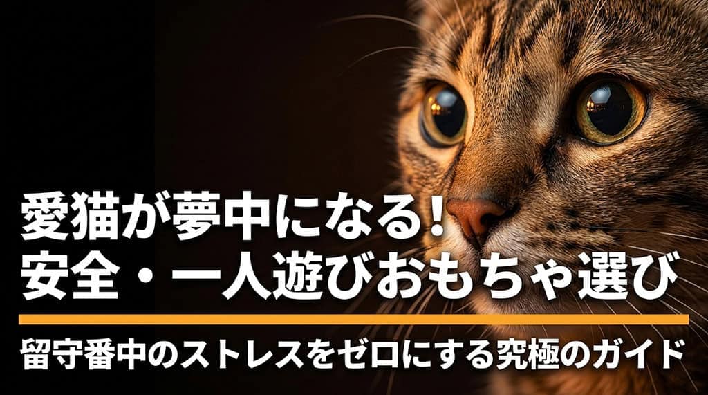 三毛島博士による「愛猫が夢中になる！安全・一人遊びおもちゃ選び 留守番中のストレスをゼロにする究極のガイド」のタイトルスライド画像。