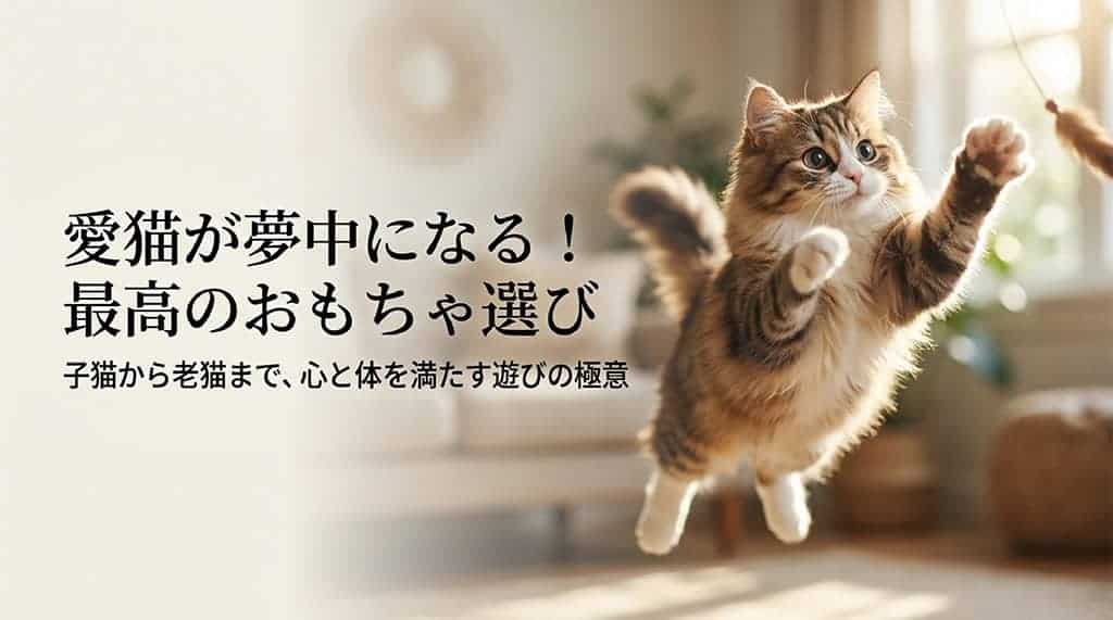 愛猫が夢中になる！最高のおもちゃ選び。子猫から老猫まで、心と体を満たす遊びの極意のタイトルスライド。