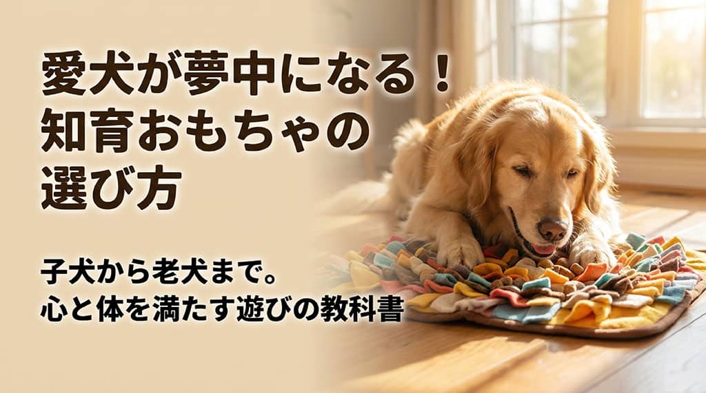犬の知育おもちゃの選び方を解説するスライドのタイトル。子犬から老犬まで心と体を満たす遊びの教科書。