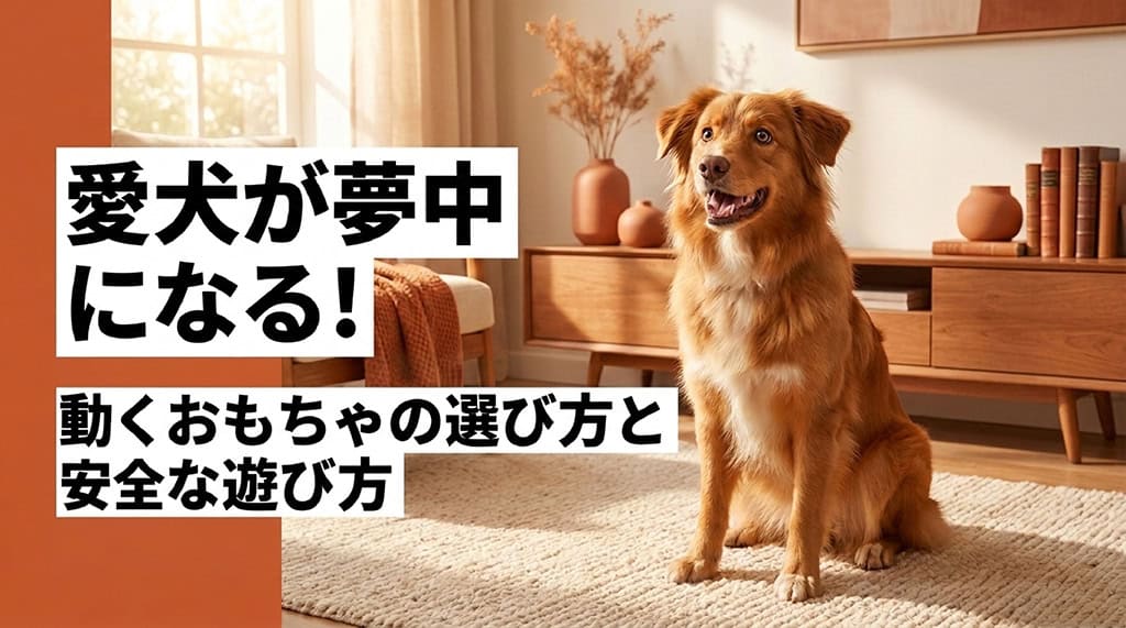 「愛犬が夢中になる!動くおもちゃの選び方と安全な遊び方」と書かれた、犬用のおもちゃ選びの解説スライドの表紙