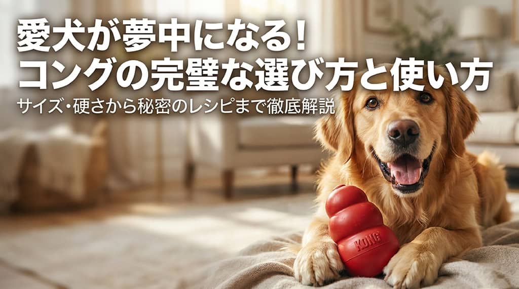愛犬が夢中になる!コングの完璧な選び方と使い方のスライド表紙。サイズ・硬さから秘密のレシピまで徹底解説。