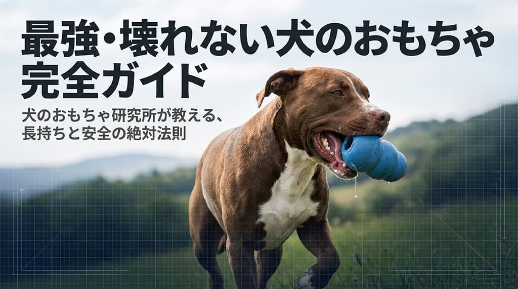 「最強・壊れない犬のおもちゃ完全ガイド」のタイトルと、青い頑丈なゴム製おもちゃをくわえた犬のイメージ画像。