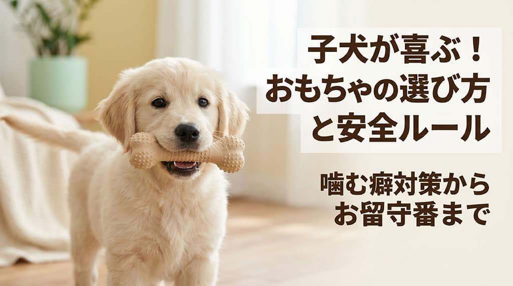 子犬が喜ぶおもちゃの選び方と安全ルール。噛む癖対策からお留守番までを解説する記事のアイキャッチ画像。